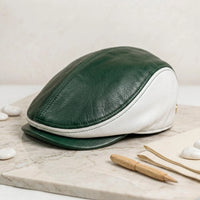 Men’s Green & White Leather Flat Cap | Vintage Ivy Driving Hat