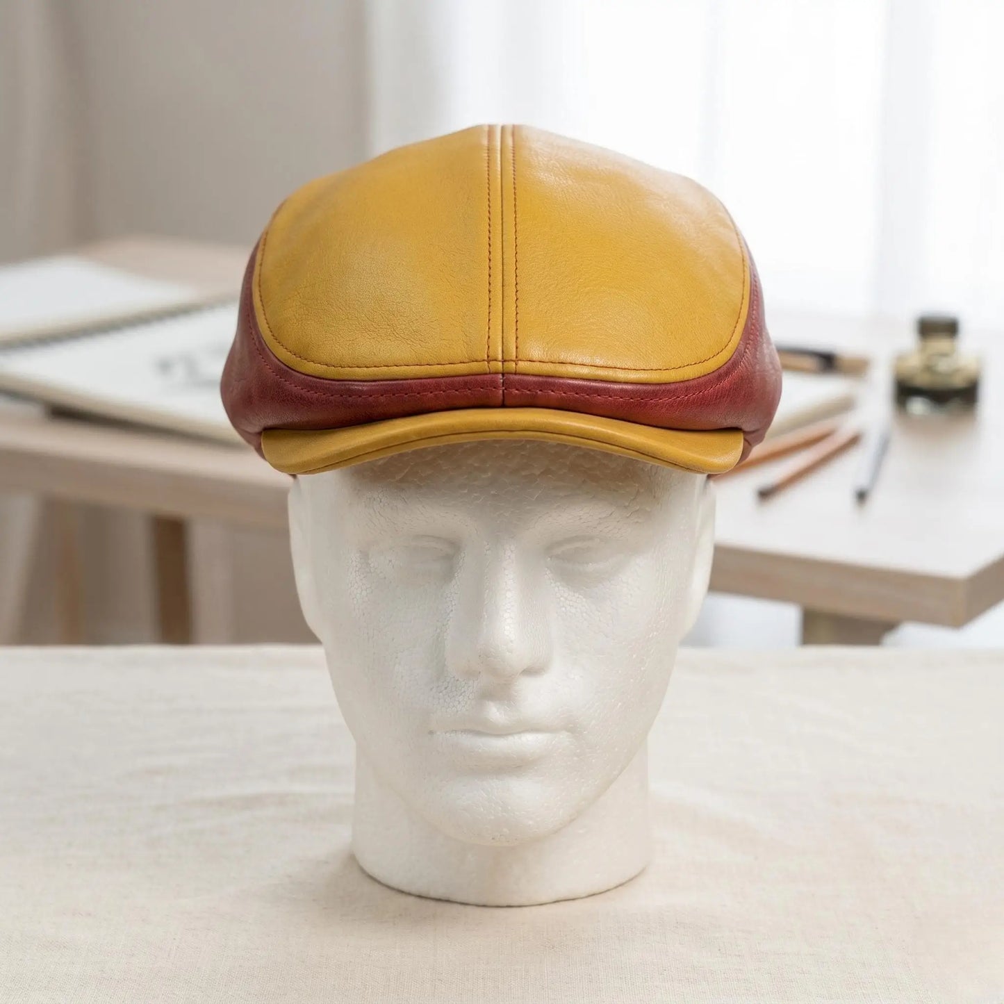Leather Flat Cap – Two-Tone Color Classic Ivy & Newsboy Style Hat