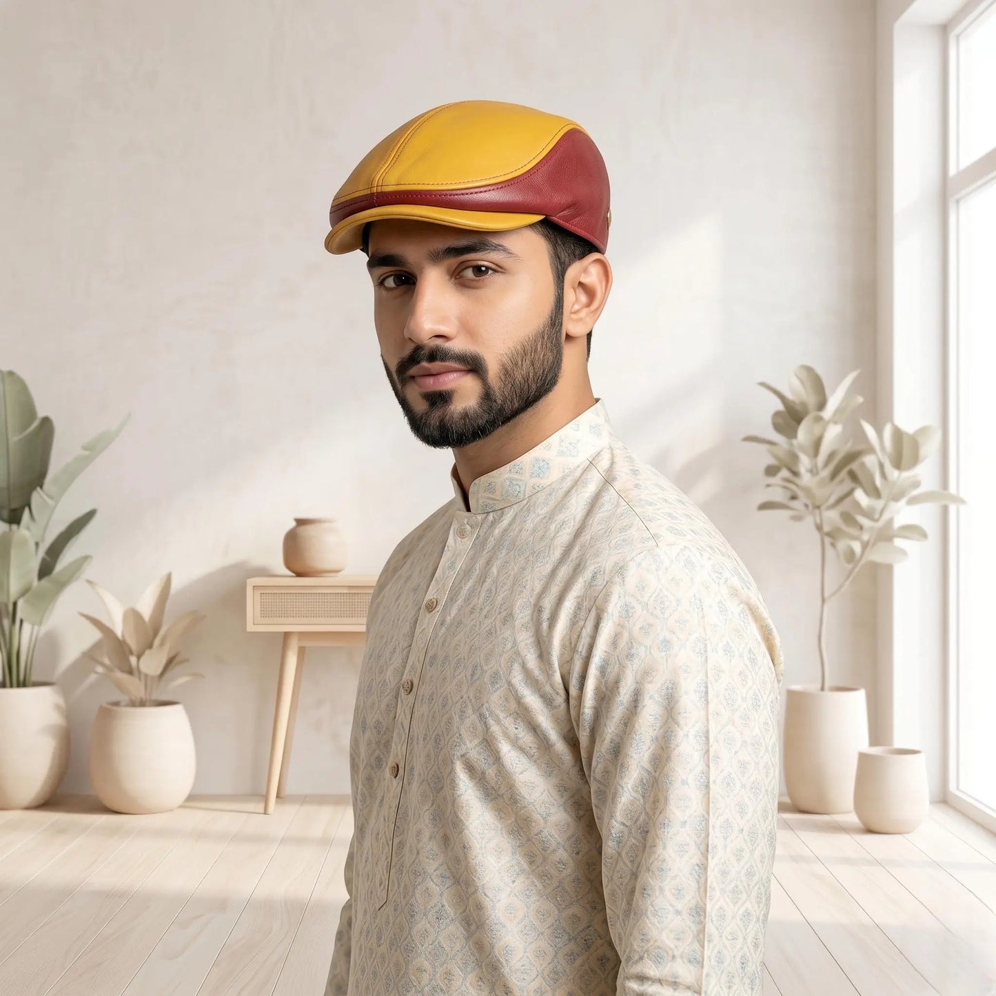 Leather Flat Cap – Two-Tone Color Classic Ivy & Newsboy Style Hat