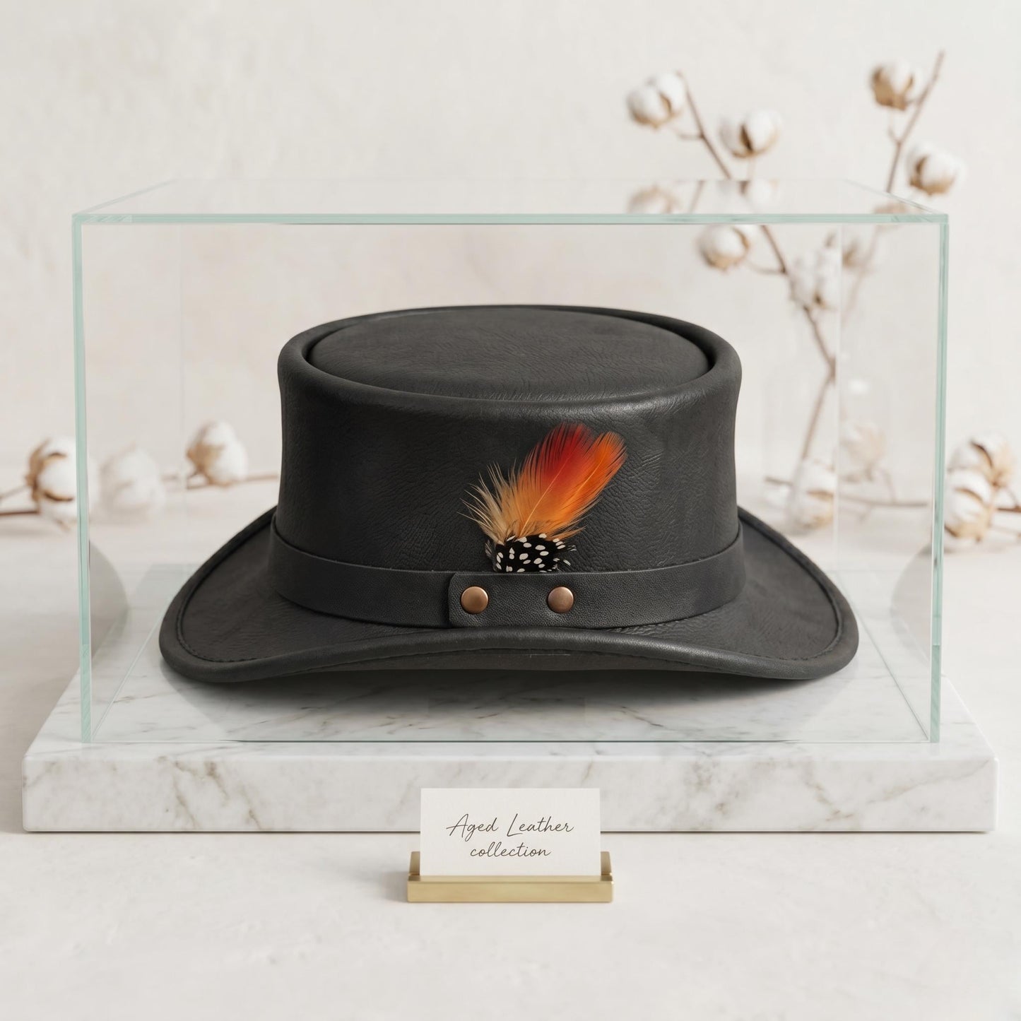 Black Leather Steampunk Top Hat with Feather Accent – Gothic & Cosplay Festival Headwear