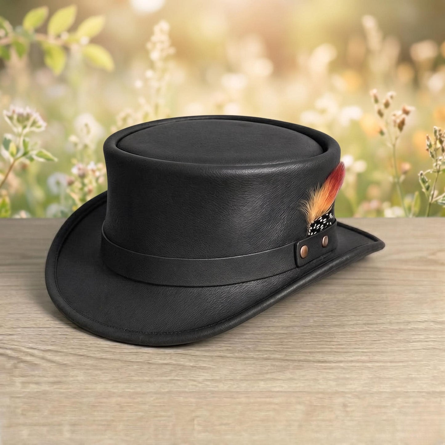 Black Leather Steampunk Top Hat with Feather Accent – Gothic & Cosplay Festival Headwear