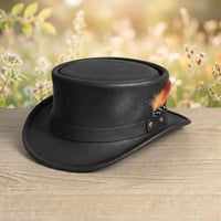 Black Leather Steampunk Top Hat with Feather Accent – Gothic & Cosplay Festival Headwear