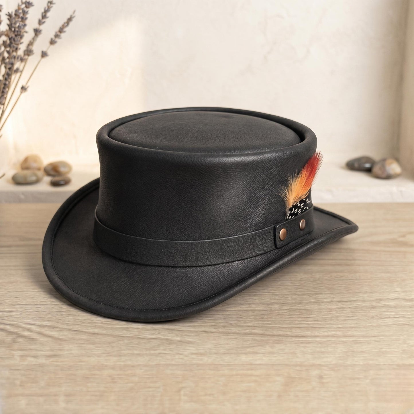 Black Leather Steampunk Top Hat with Feather Accent – Gothic & Cosplay Festival Headwear