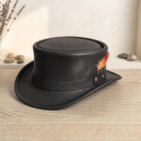 Black Leather Steampunk Top Hat with Feather Accent – Gothic & Cosplay Festival Headwear