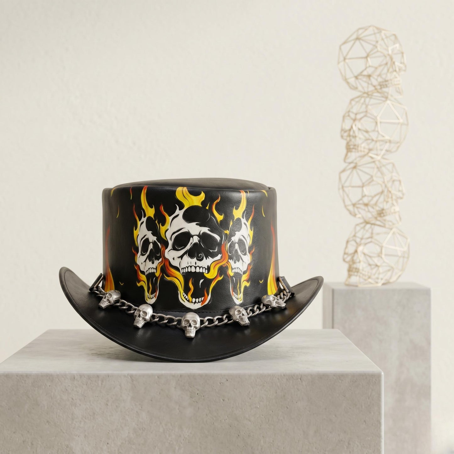 Black Leather Skull & Flame Top Hat | Gothic Biker Festival Headwear