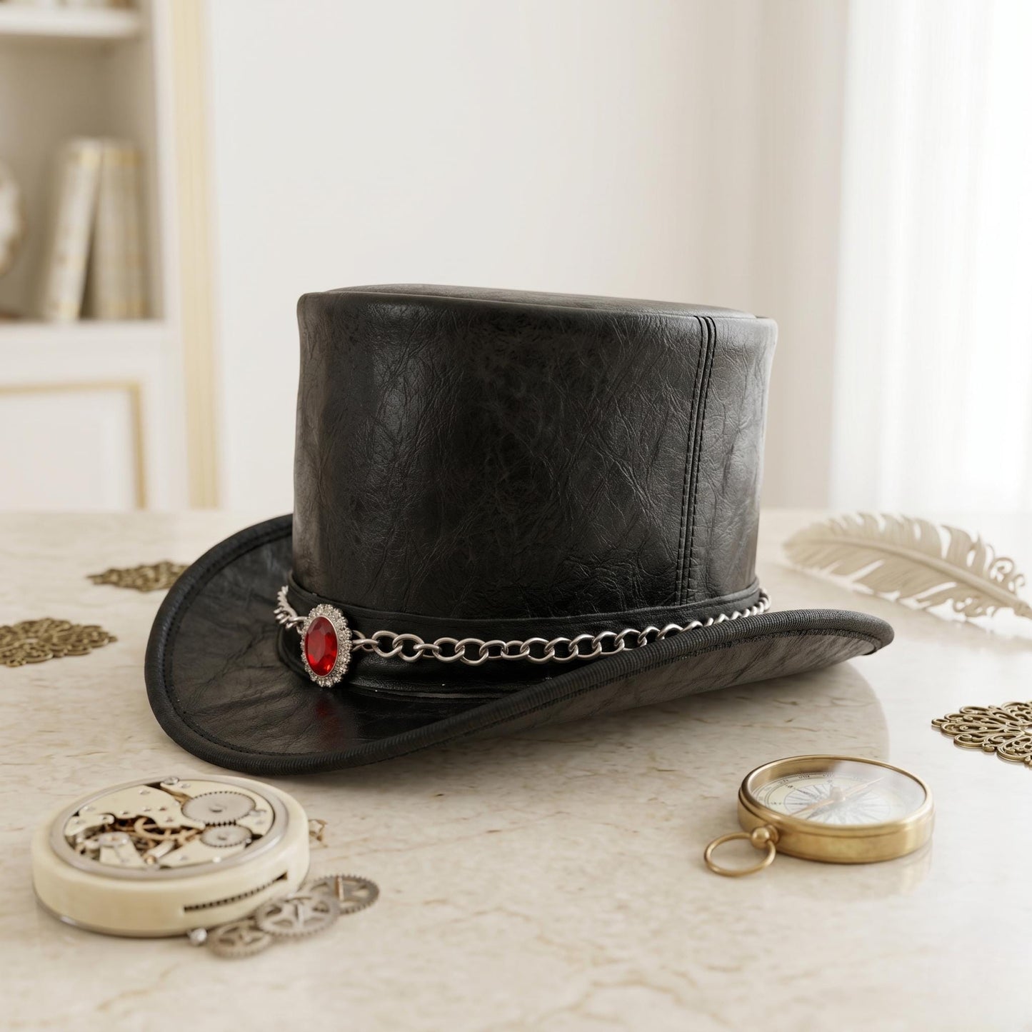 Handcrafted Steampunk Top Hat with Red Gemstone & Chain Band