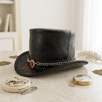 Handcrafted Steampunk Top Hat with Red Gemstone & Chain Band