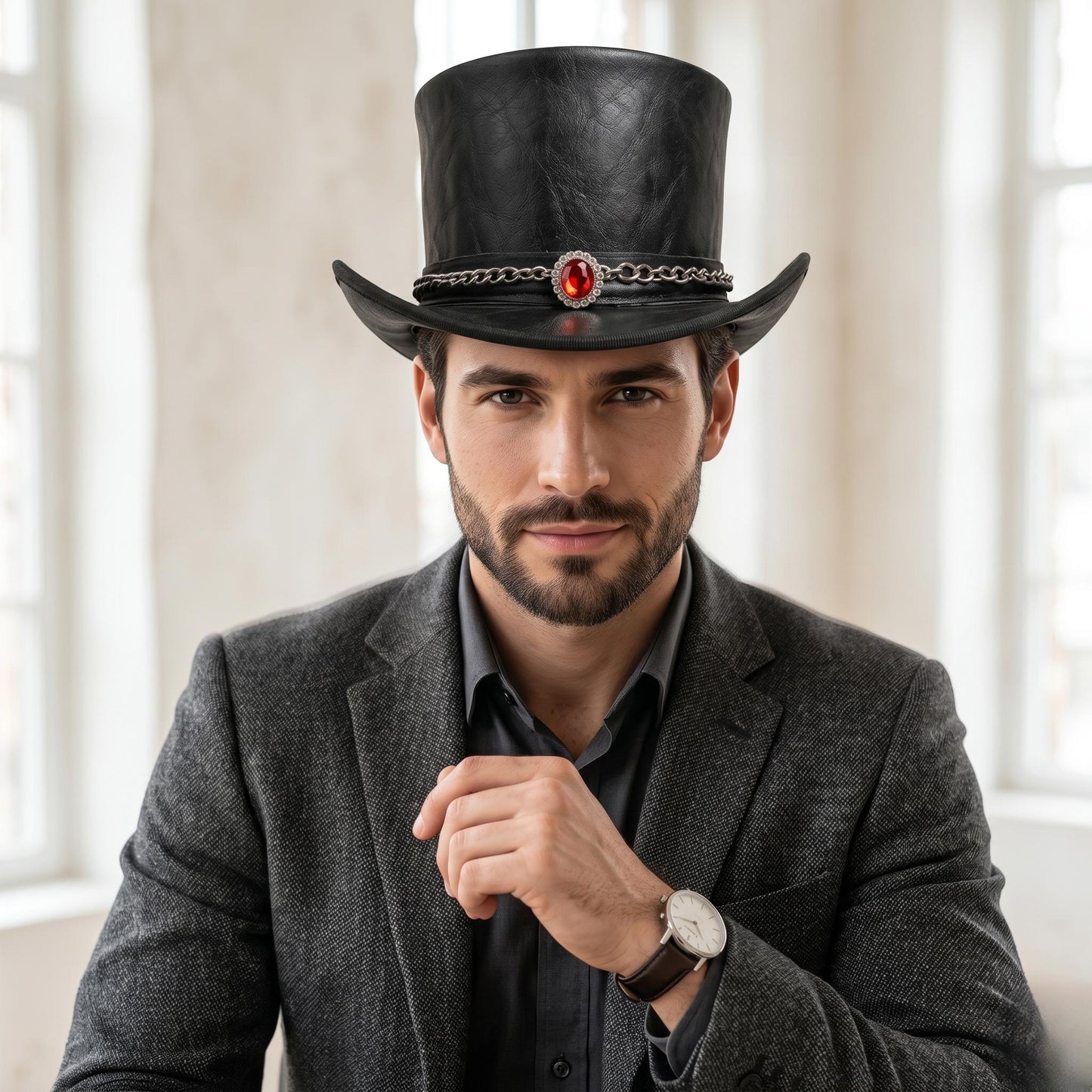 Handcrafted Steampunk Top Hat with Red Gemstone & Chain Band