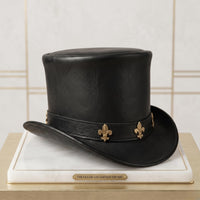 Black Leather Top Hat – Gothic Fleur-de-Lis Steampunk Accessory