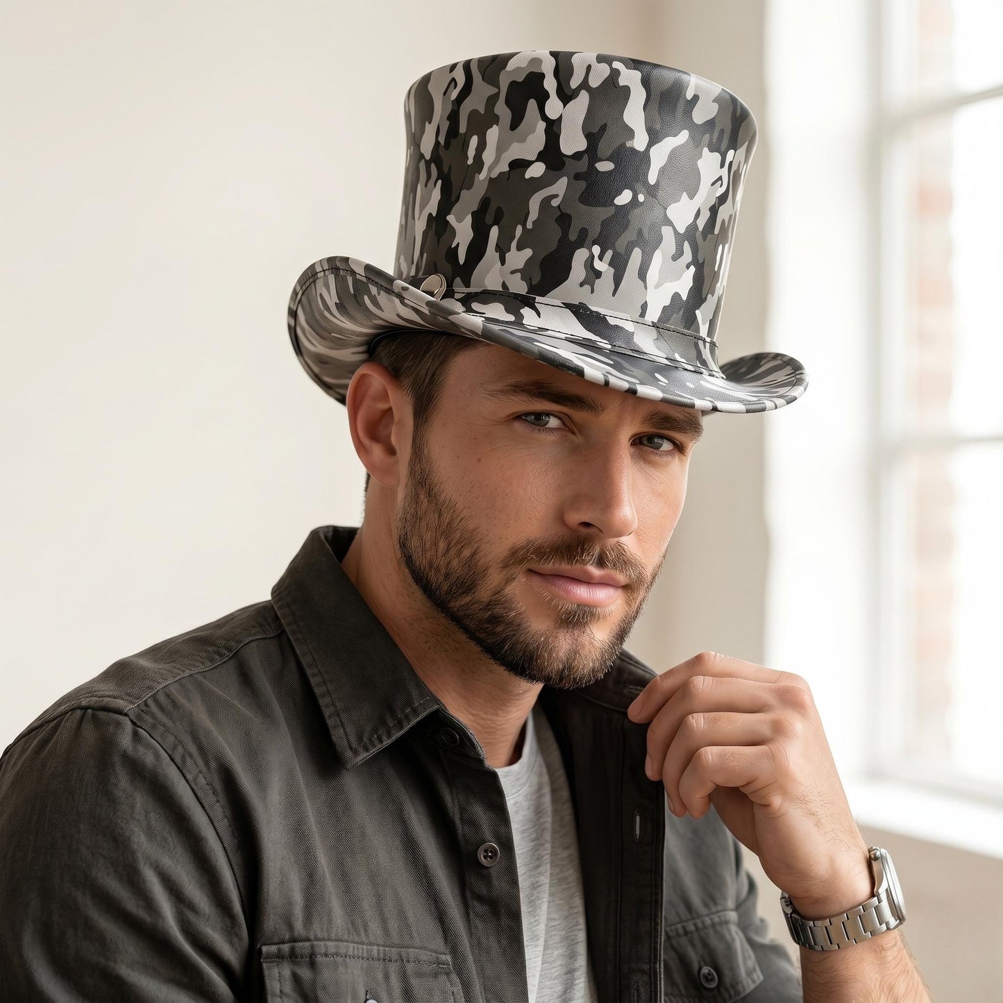 Camouflage Leather Top Hat - Steampunk Gothic Cosplay Festival Military Fashion Unisex hat