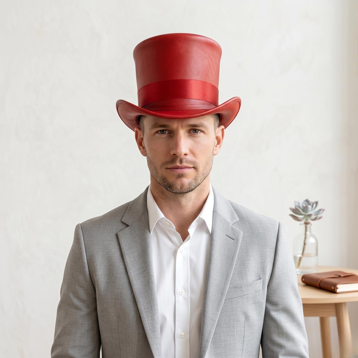 Crimson Avant-Garde Handcrafted Leather Top Hat | Victorian & Steampunk Cosplay