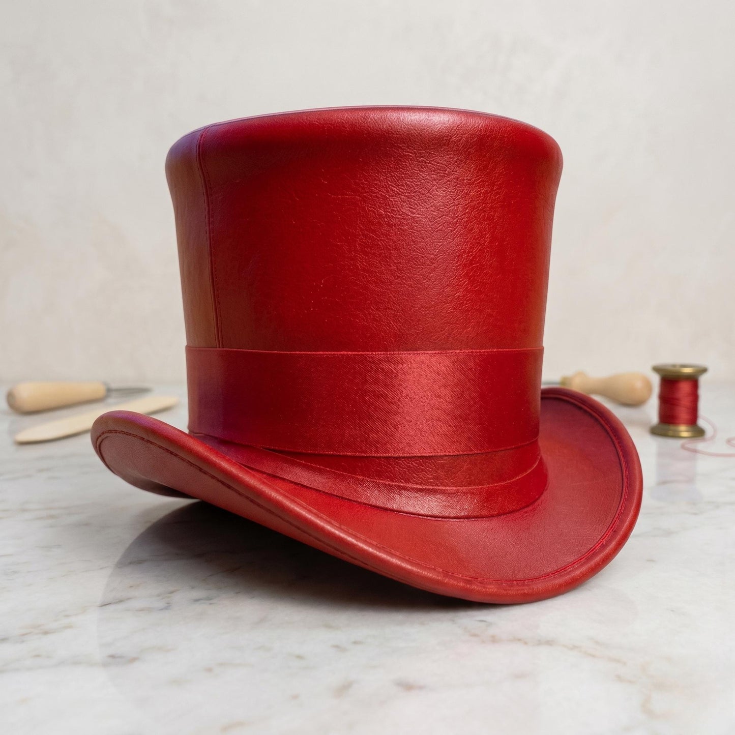 Crimson Avant-Garde Handcrafted Leather Top Hat | Victorian & Steampunk Cosplay
