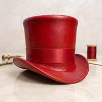 Crimson Avant-Garde Handcrafted Leather Top Hat | Victorian & Steampunk Cosplay