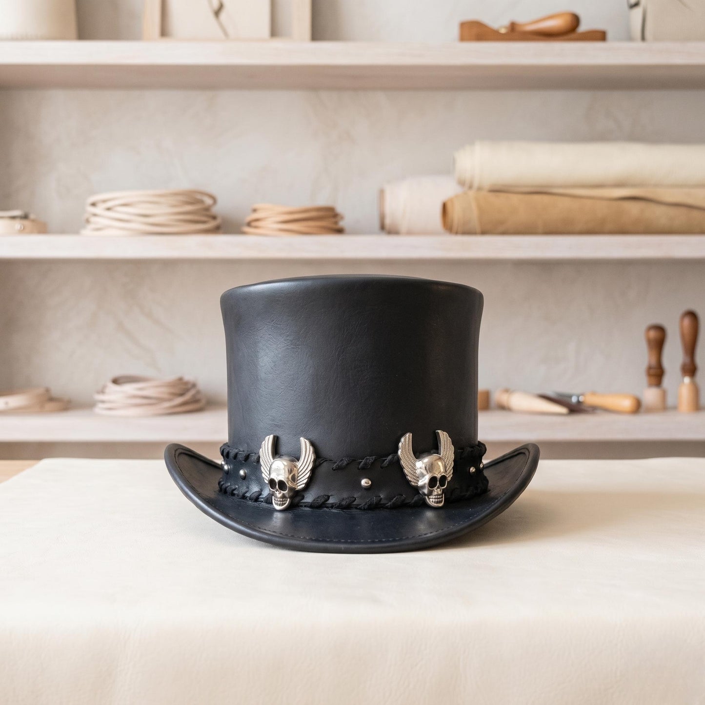 Black Leather Gothic Top Hat | Steampunk Cosplay & Festival Headwear