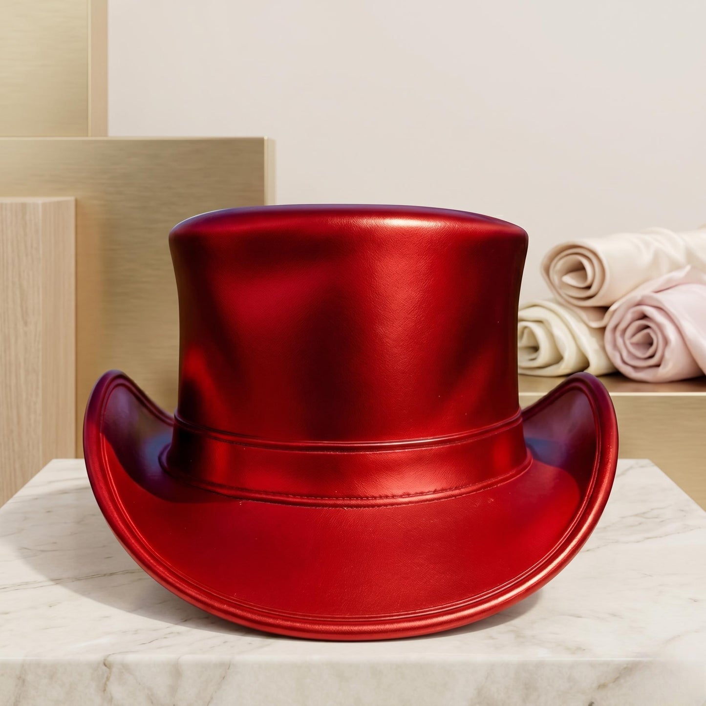 Red Metallic Leather Top Hat – Vintage Victorian & Steampunk Statement Piece