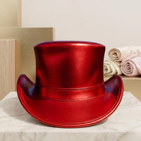 Red Metallic Leather Top Hat – Vintage Victorian & Steampunk Statement Piece