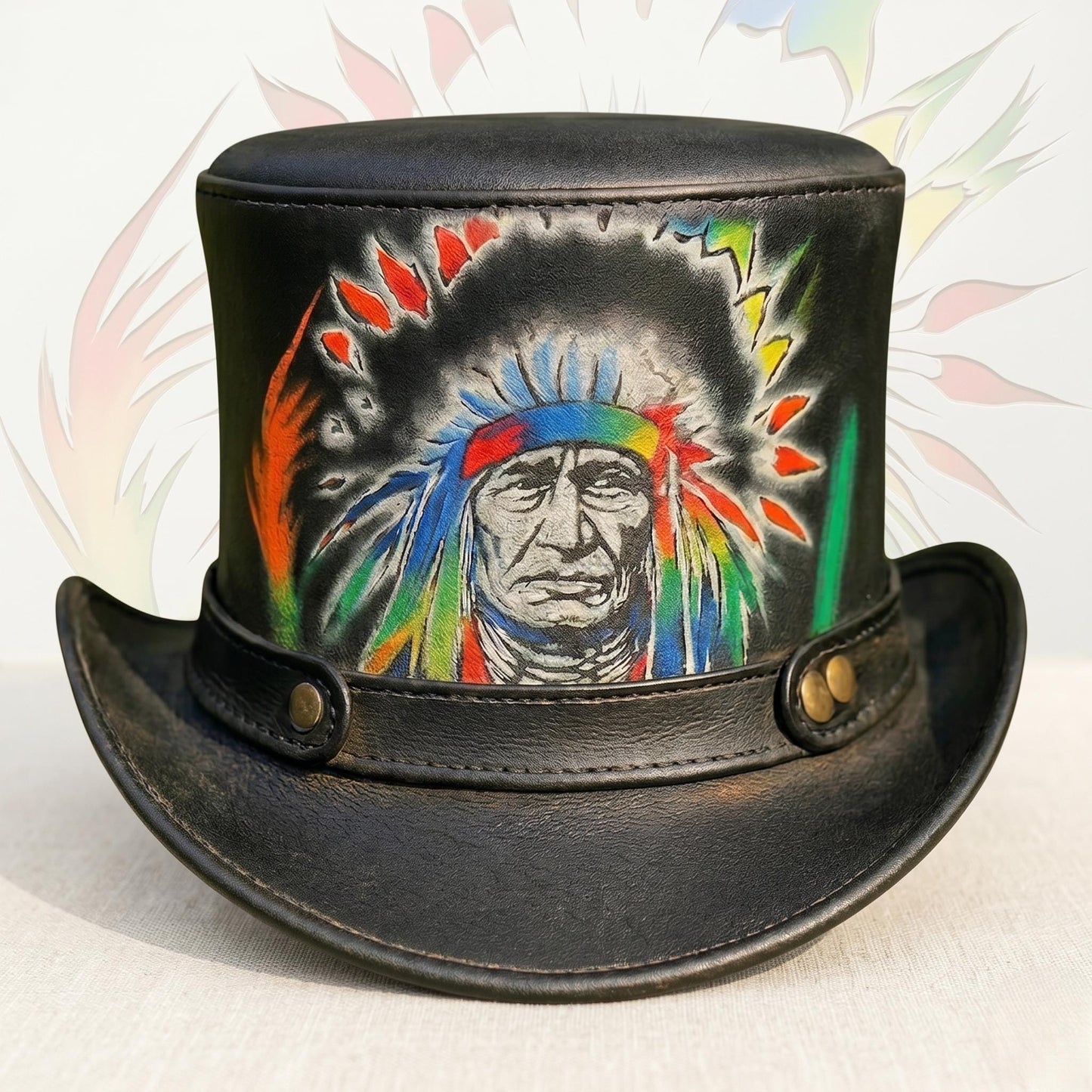 Hand-Painted Steampunk Leather Top Hat – Gothic Festival Wearable Art