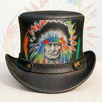 Hand-Painted Steampunk Leather Top Hat – Gothic Festival Wearable Art