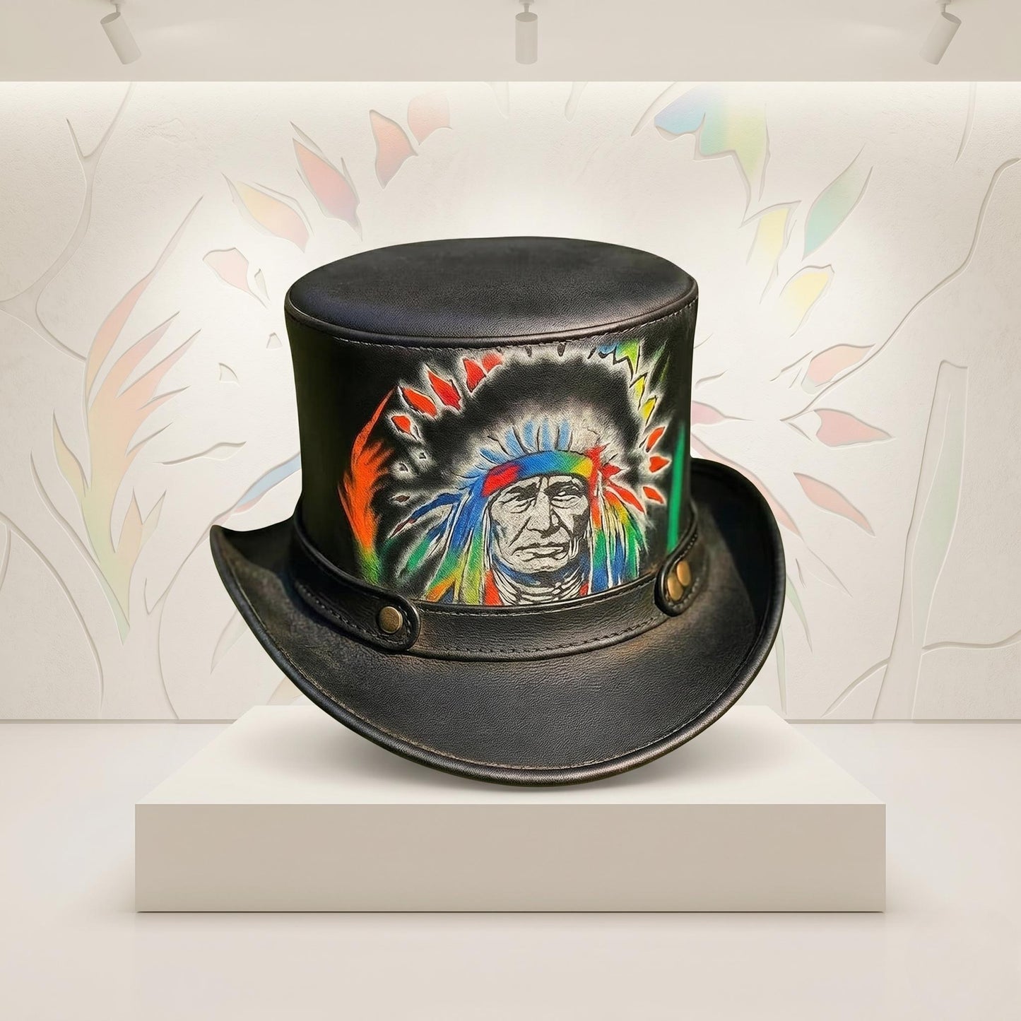 Hand-Painted Steampunk Leather Top Hat – Gothic Festival Wearable Art