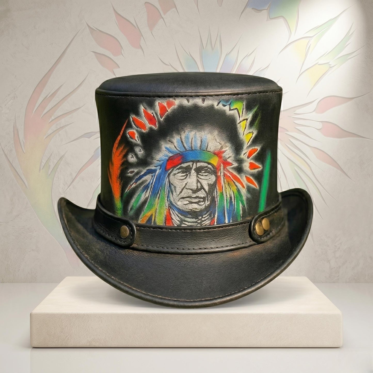 Hand-Painted Steampunk Leather Top Hat – Gothic Festival Wearable Art