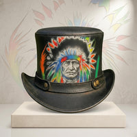 Hand-Painted Steampunk Leather Top Hat – Gothic Festival Wearable Art
