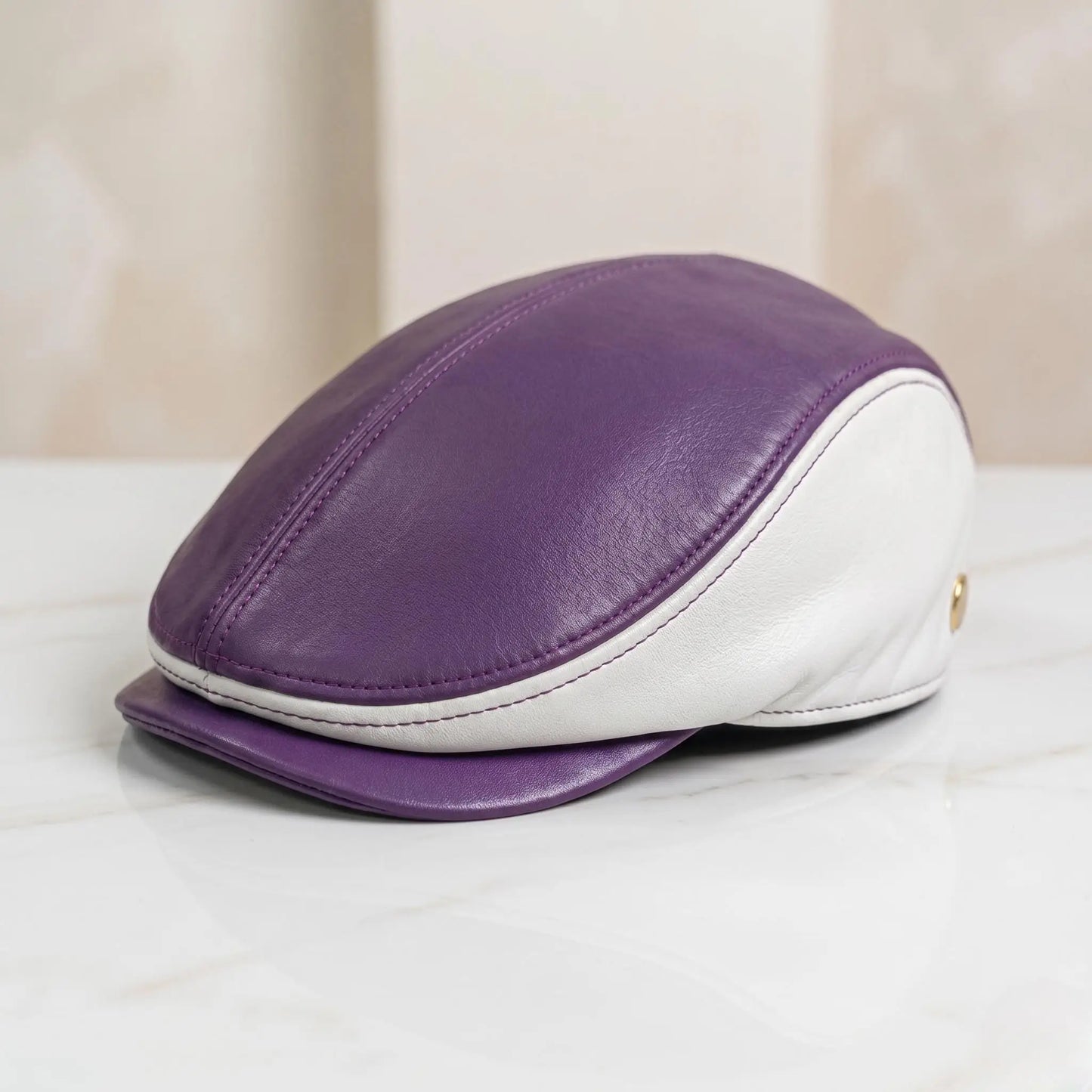 Two-Tone Purple & White Genuine Leather Flat Cap | Vintage Ivy Driving Hat