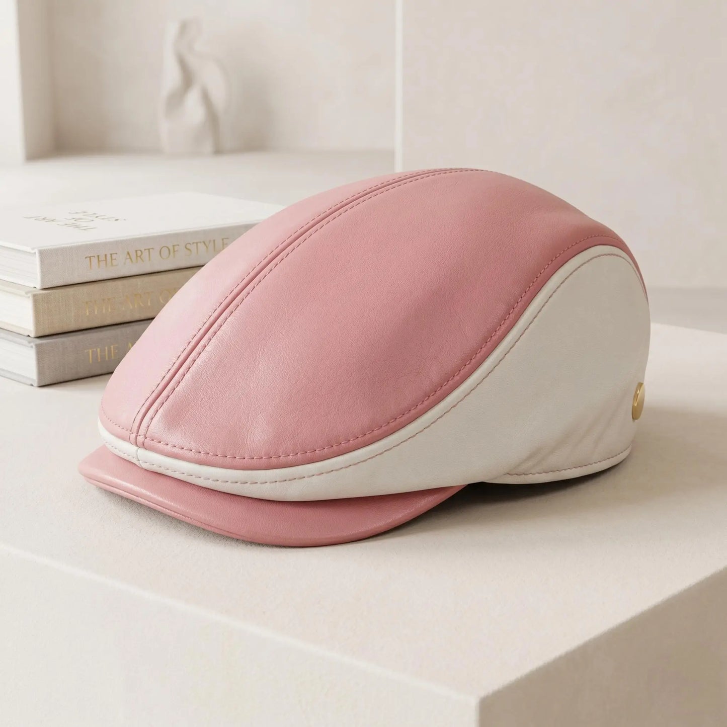 Women’s Pink & White Leather Flat Cap | Vintage Ivy Style Newsboy Hat