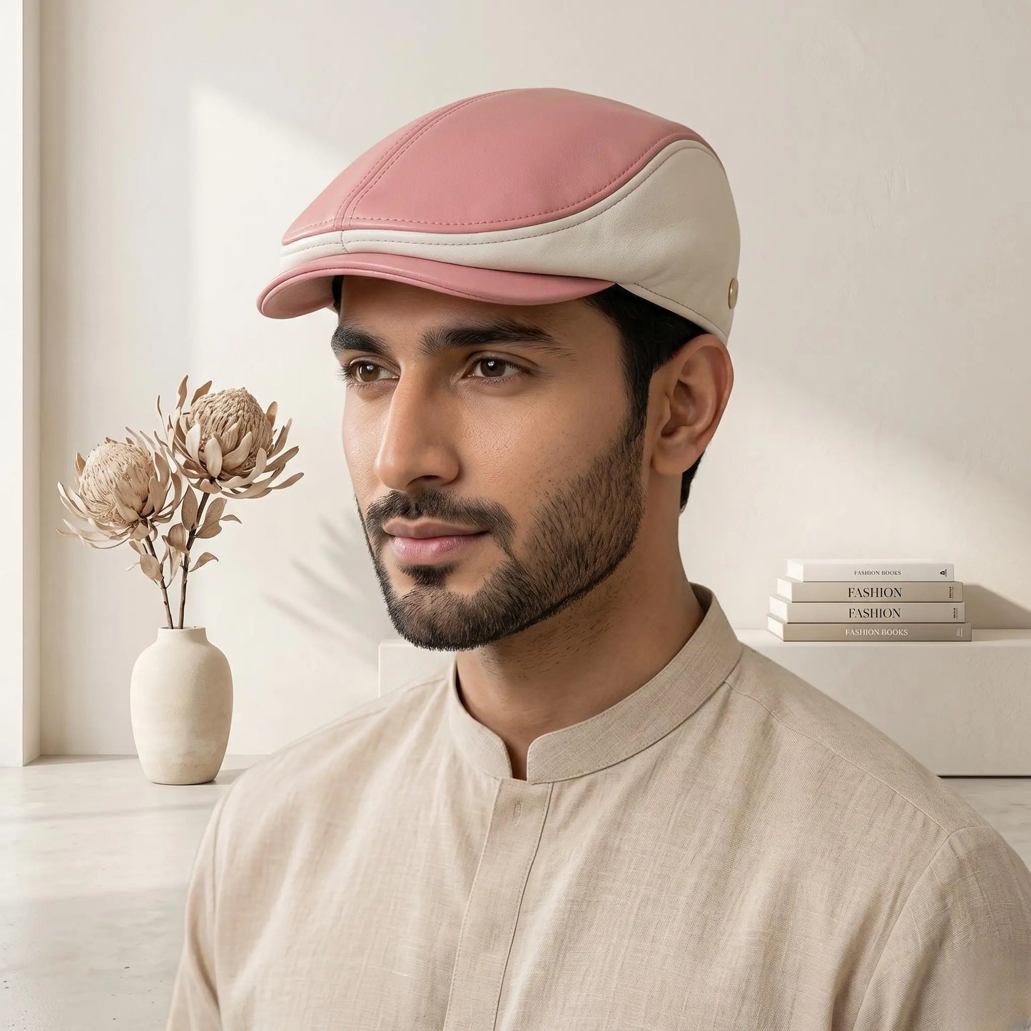 Women’s Pink & White Leather Flat Cap | Vintage Ivy Style Newsboy Hat