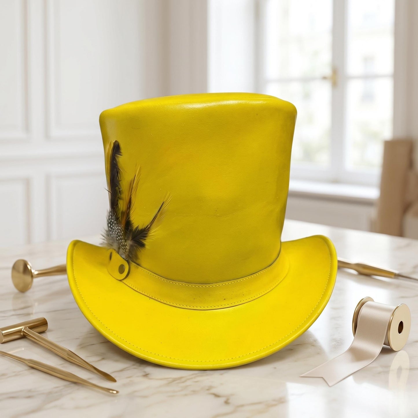 Yellow Leather Top Hat with Feather – Victorian Steampunk Costume Hat