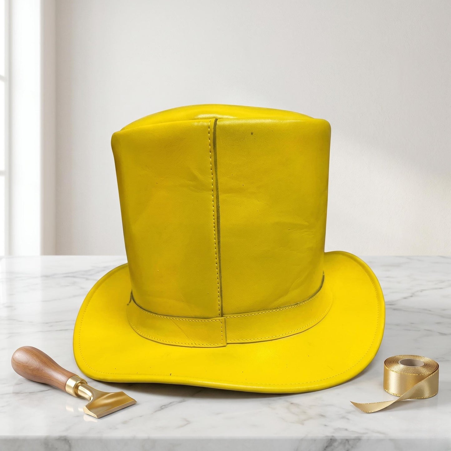 Yellow Leather Top Hat with Feather – Victorian Steampunk Costume Hat