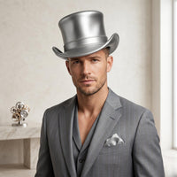 Elevate Your Look: Metallic Silver Steampunk Top Hat for Cosplay & Theater