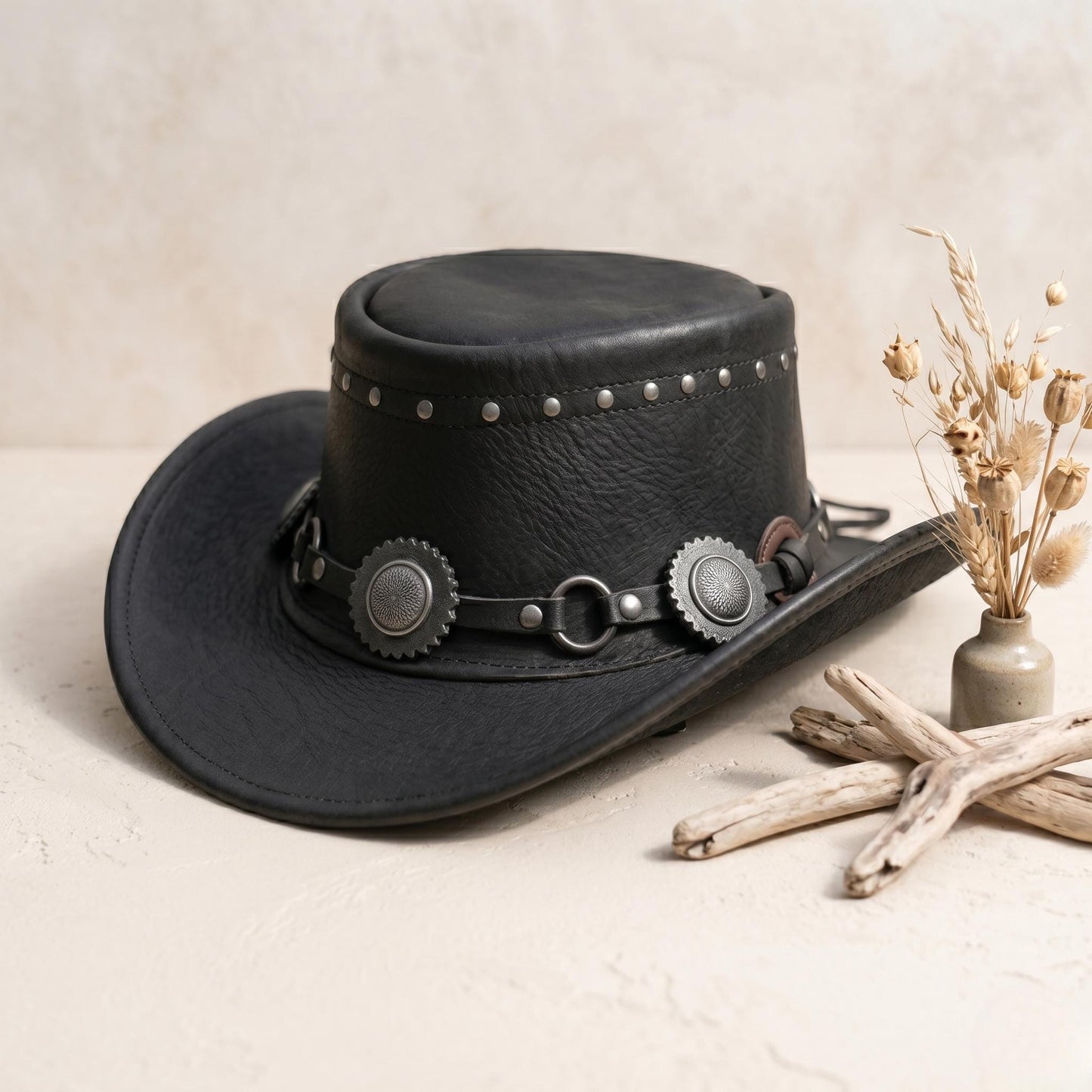 Black Leather Cowboy Hat with Concho Band – Western Biker Festival Wear