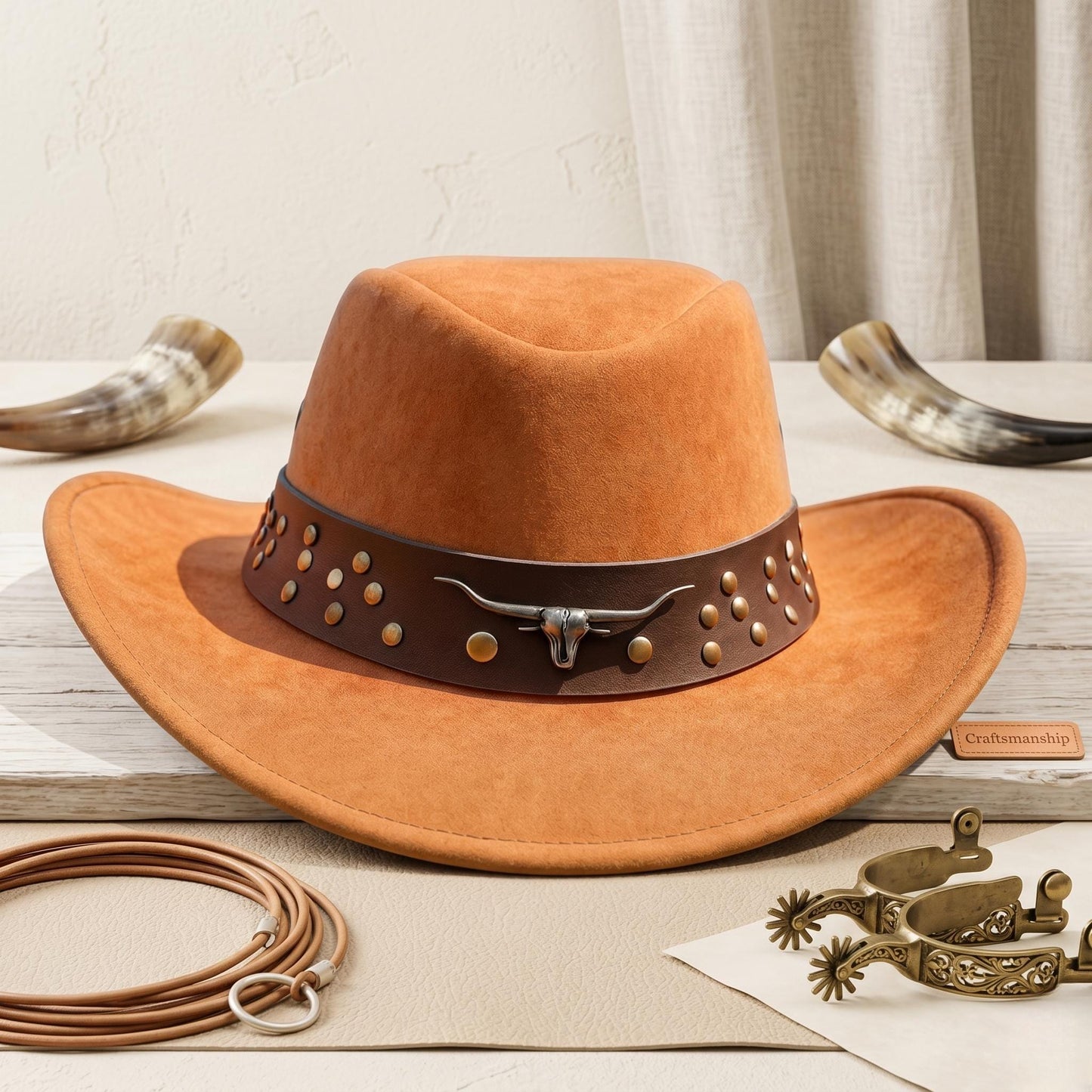 Brown Suede Cowboy Hat with Studded Longhorn Band – Classic Western Rodeo Style