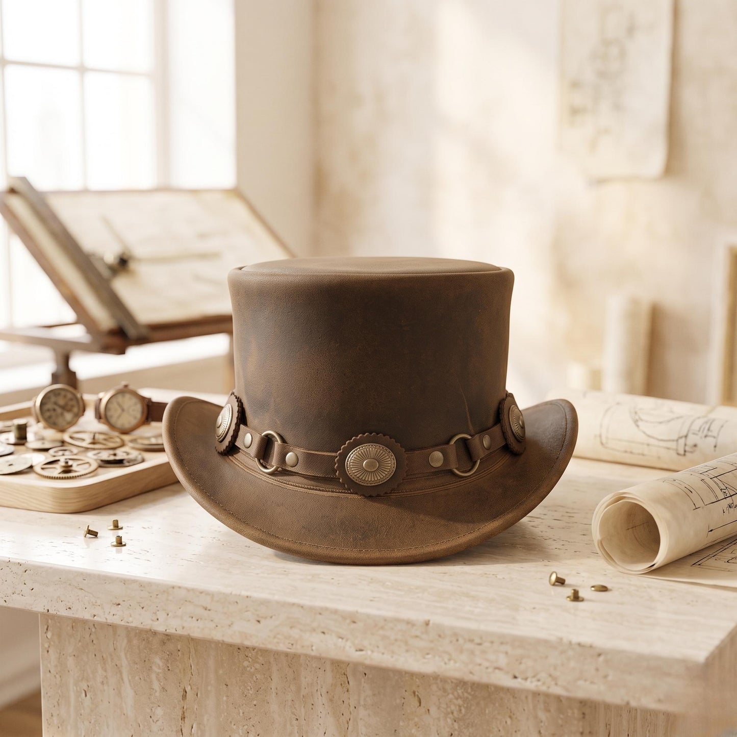 Steampunk Leather Top Hat – Distressed Brown Western Cosplay & Gothic Hat