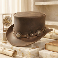 Steampunk Leather Top Hat – Distressed Brown Western Cosplay & Gothic Hat