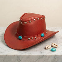 Red Leather Cowboy Hat with Turquoise Accents & Studs