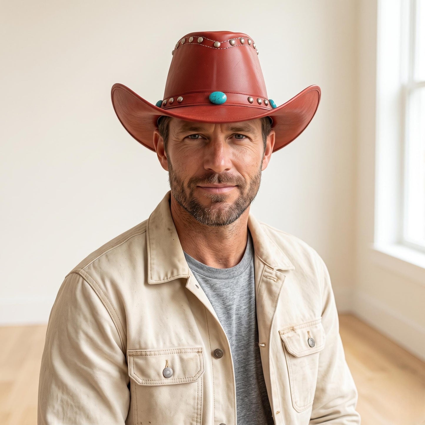 Red Leather Cowboy Hat with Turquoise Accents & Studs