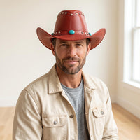 Red Leather Cowboy Hat with Turquoise Accents & Studs