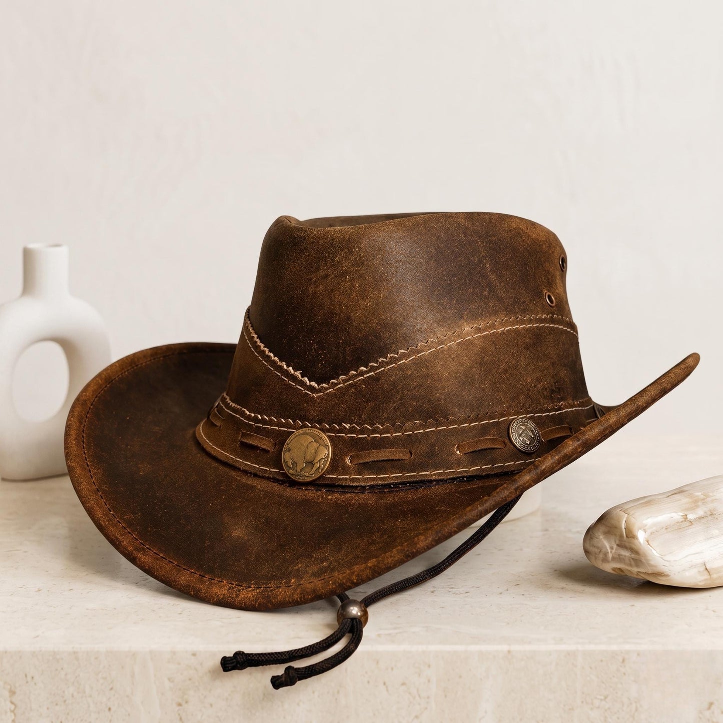 Distressed Brown Leather Cowboy Hat – Authentic Handmade Western Outback Style