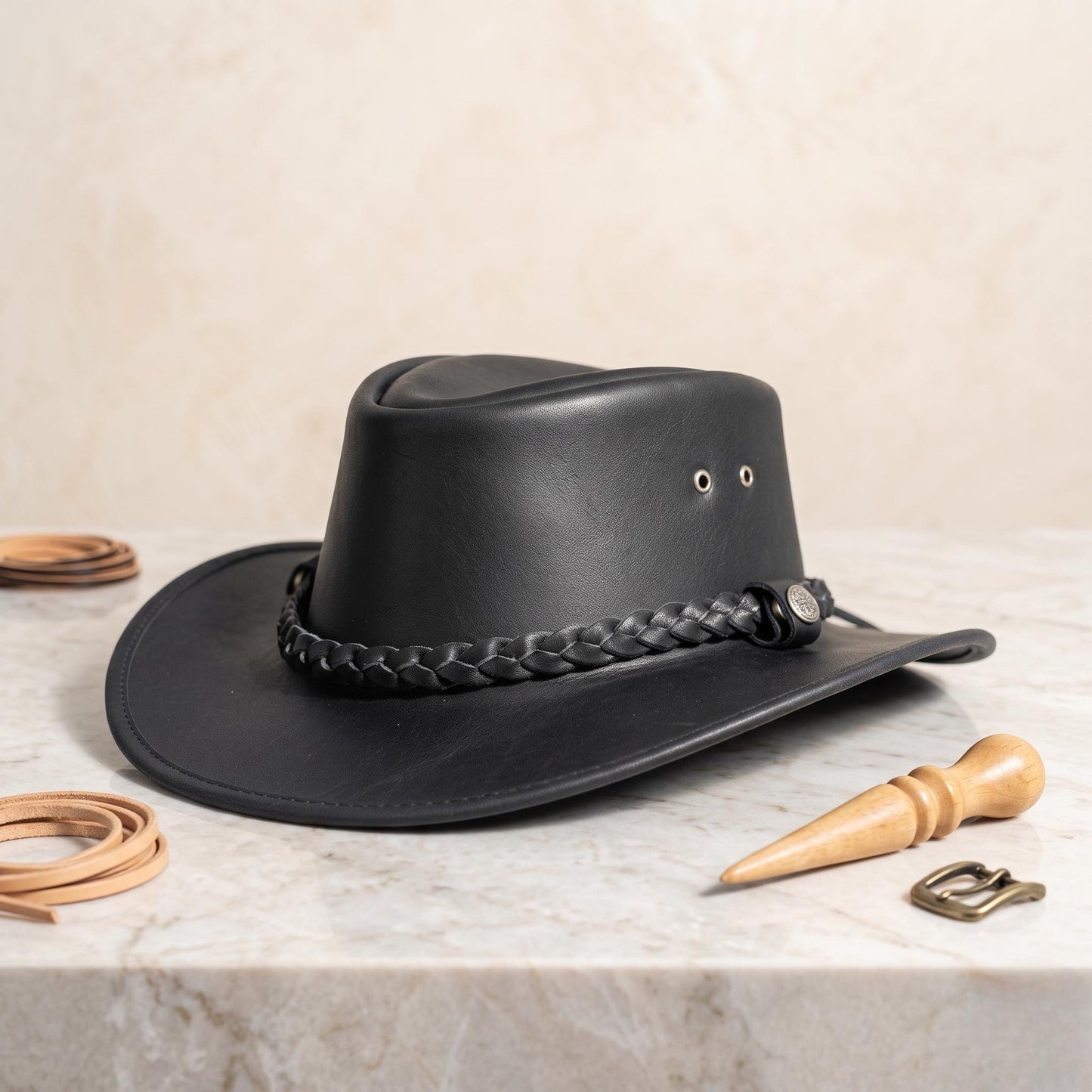 Handmade Black Leather Cowboy Hat – Braided Band Western Rodeo Style