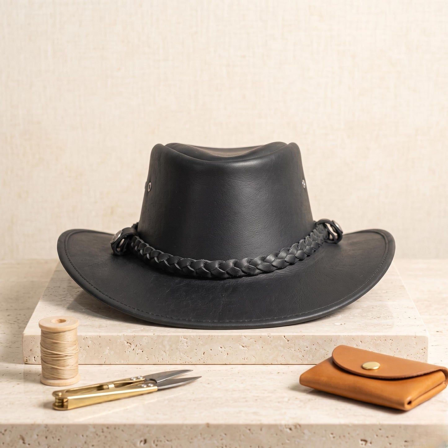 Handmade Black Leather Cowboy Hat – Braided Band Western Rodeo Style