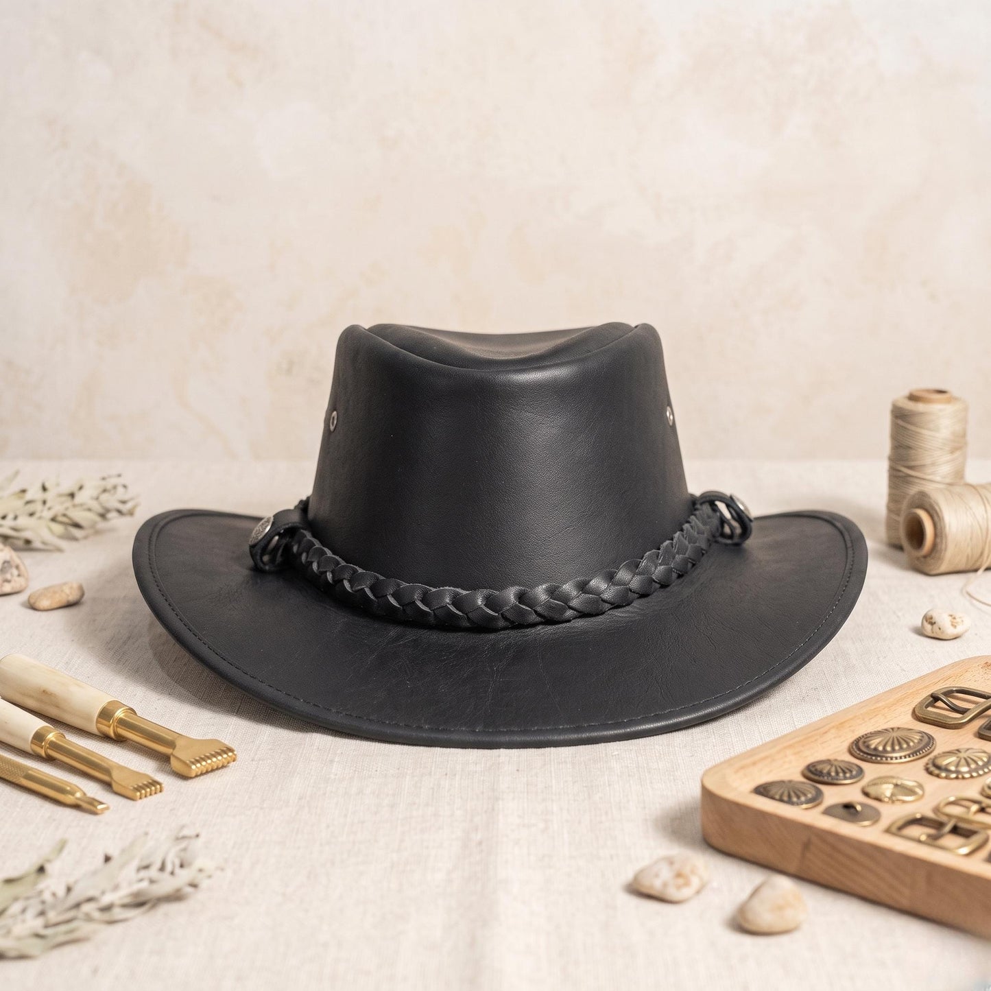 Handmade Black Leather Cowboy Hat – Braided Band Western Rodeo Style