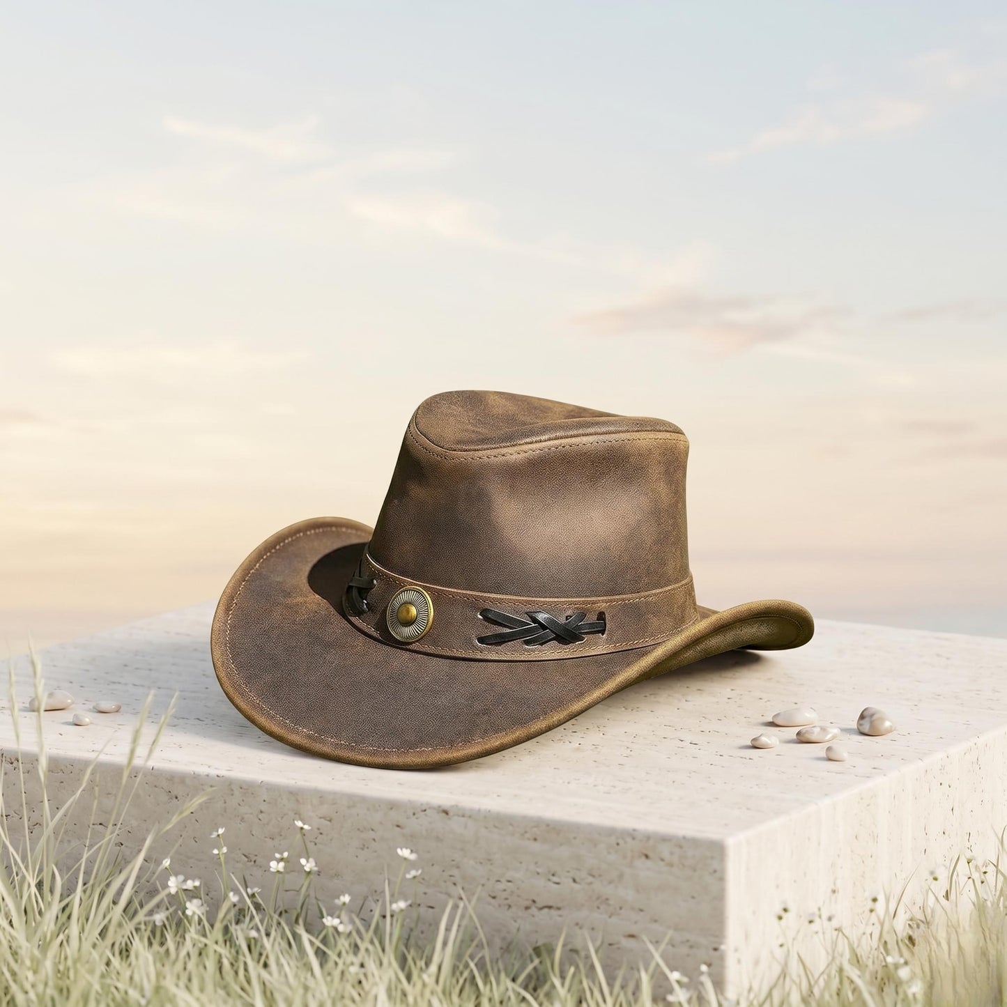 Distressed Brown Leather Cowboy Hat – Vintage Western Style