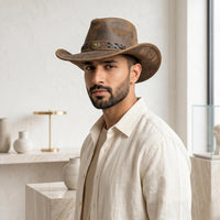 Distressed Brown Leather Cowboy Hat – Vintage Western Style