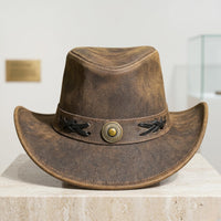 Distressed Brown Leather Cowboy Hat – Vintage Western Style