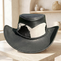 Black Leather Cowboy Hat with Genuine Hair-on Cowhide Band