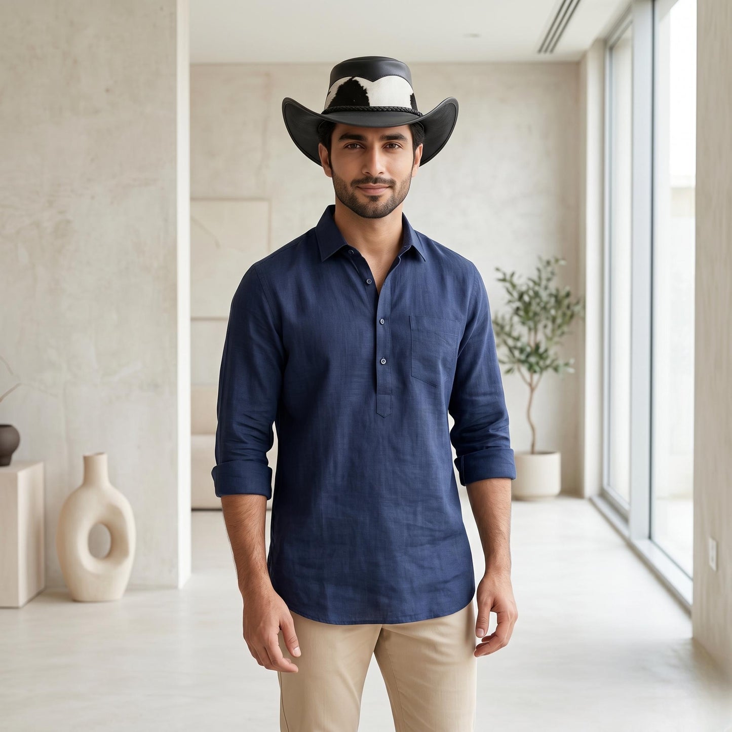 Black Leather Cowboy Hat with Genuine Hair-on Cowhide Band