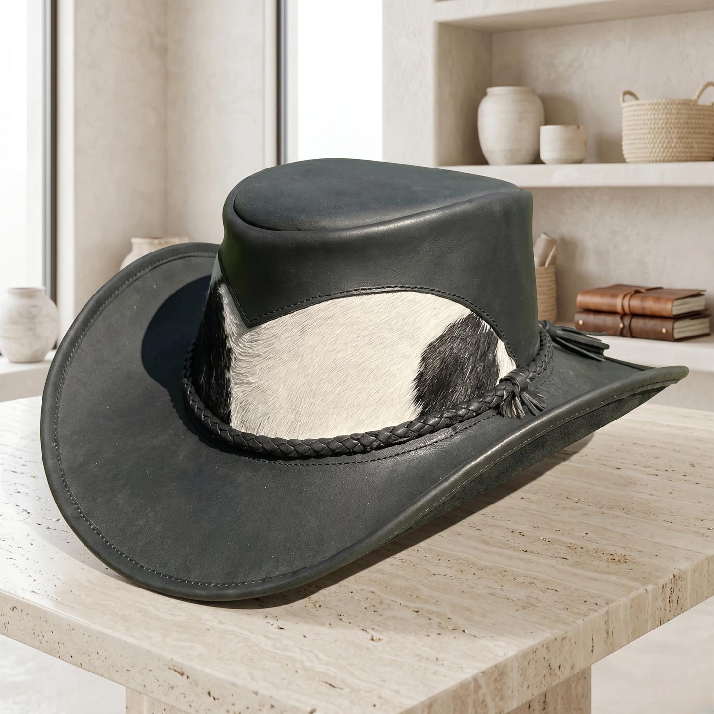 Black Leather Cowboy Hat with Genuine Hair-on Cowhide Band