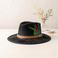 Black Suede Cowboy Hat with Vibrant Feather Band