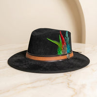 Black Suede Cowboy Hat with Vibrant Feather Band